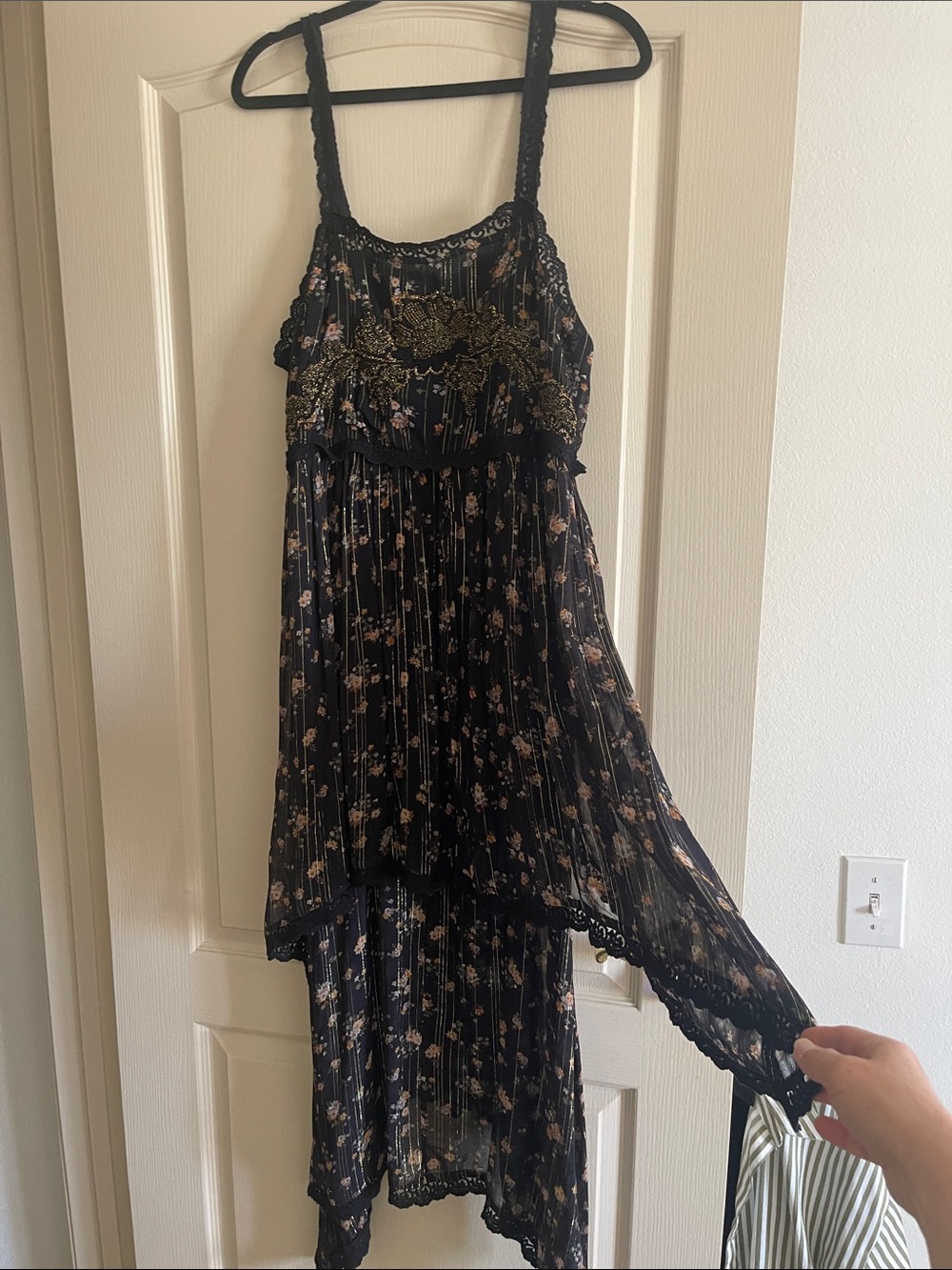 Zara Black Floral Tiered Maxi Dress with Gold Accents - Picture 3 of 12